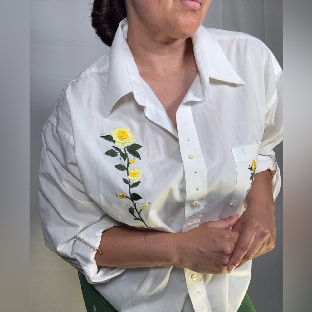 Chic White Button-Down Shirt with Yellow Floral Design